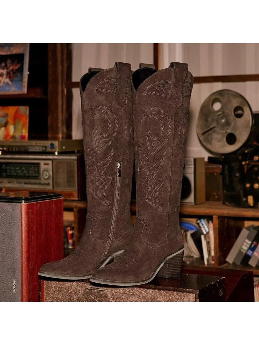 Women's suede Brown Western Knee High Cowgirl Boots Zipper Convenience Casual We